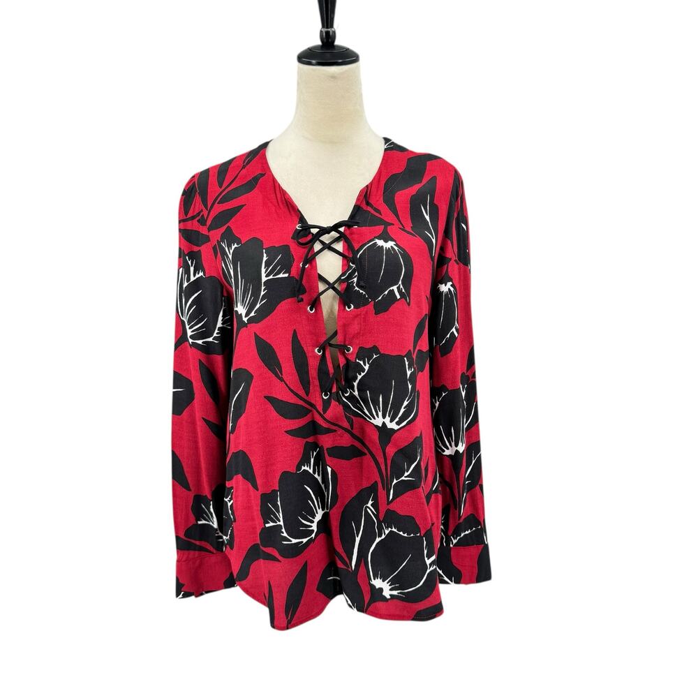 Fifteen Twenty Red & Black Deep V-Neck Long Sleeve Floral Blouse